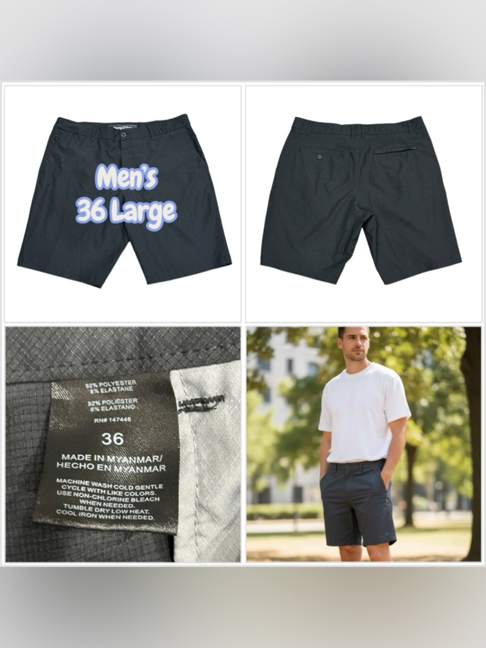 Men's Hang Ten 36 L Large Khakis Chino Shorts Black Casual Stretch Golf Ripstop